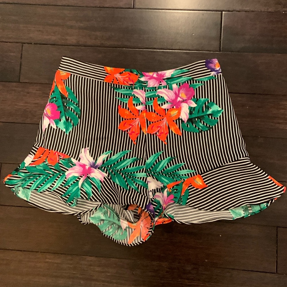 Floral and striped shorts.
